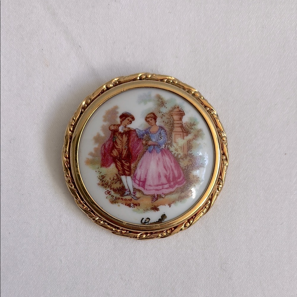 Vintage Limoges porcelain Victorian courtship brooch